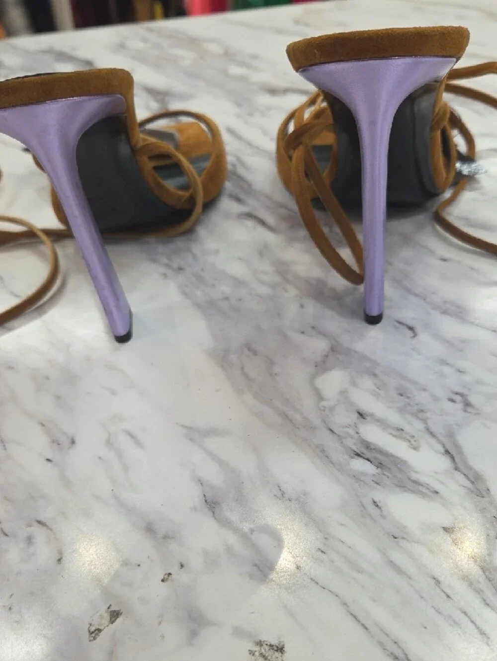 Saint Laurent Tan Suede Lace-Up Sandal with Lilac Block Heel - Picture 5 of 9